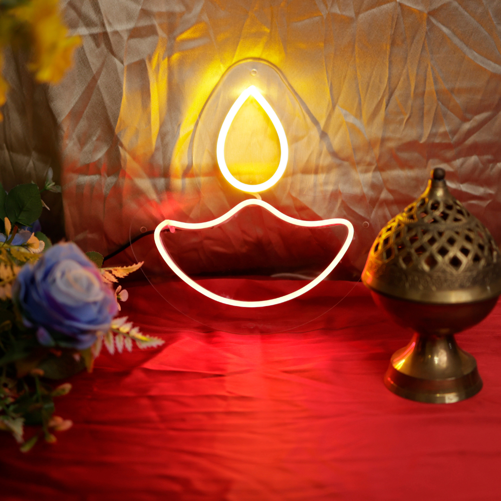 Elegant OVG Diya Lamp Neon Sign 10×10 in India, diya lights, diya toran